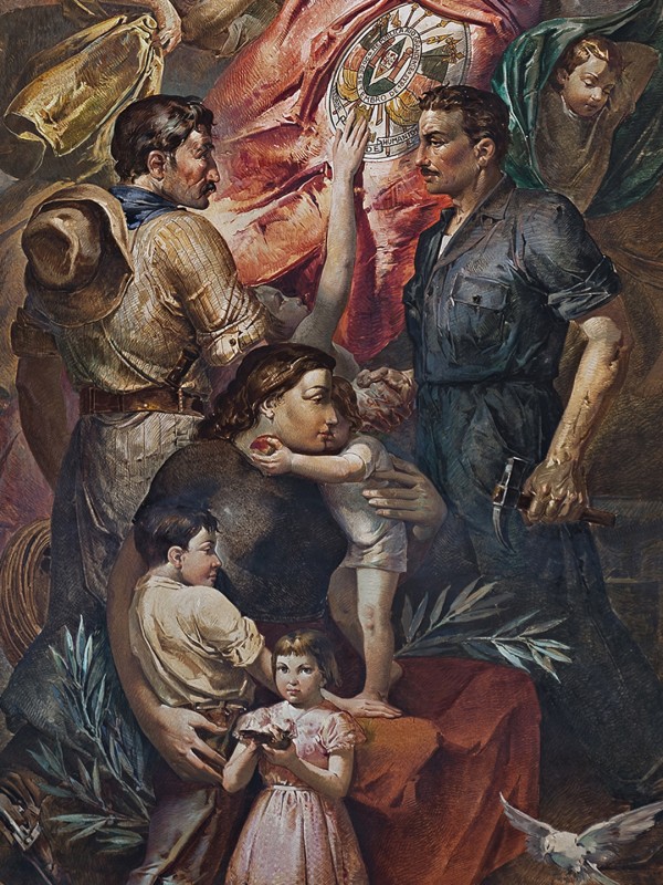 Pintura mural, disposta no sentido vertical, representando o Estado Rio-Grandense. Na parte inferior, a representação de uma família, com uma figura feminina sentada, de lado, com uma criança pequena ao colo, segurando uma fruta, e com a mão esquerda